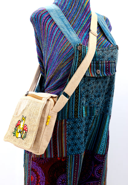 Fox Mushroom Hemp Passport Bag | Hand Embroidered Messenger Bag