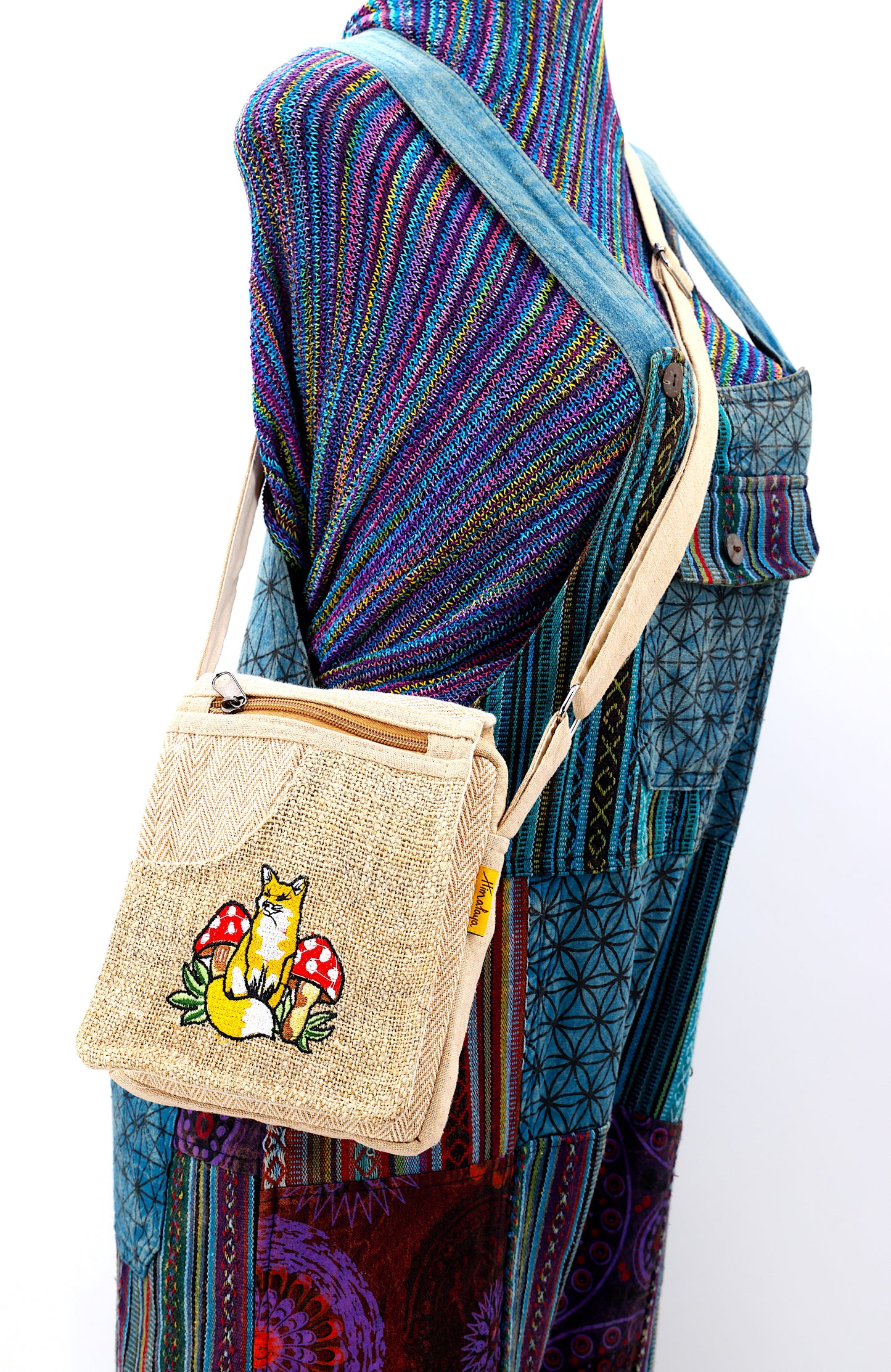 Hemp Fox Mushroom Hand Embroidered Passport Bag