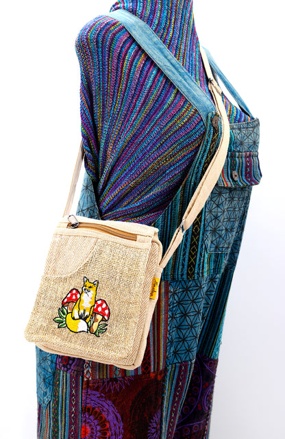 Fox Mushroom Hemp Passport Bag | Hand Embroidered Messenger Bag