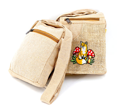 Fox Mushroom Hemp Passport Bag | Hand Embroidered Messenger Bag