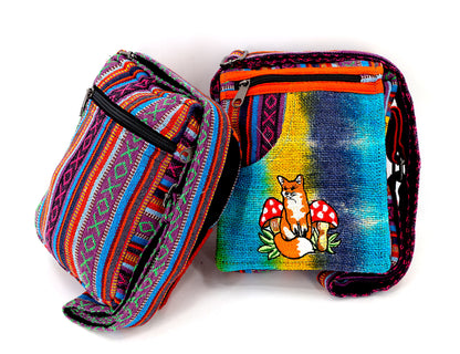 Fox Mushroom Hemp Passport Bag | Hand Embroidered Messenger Bag