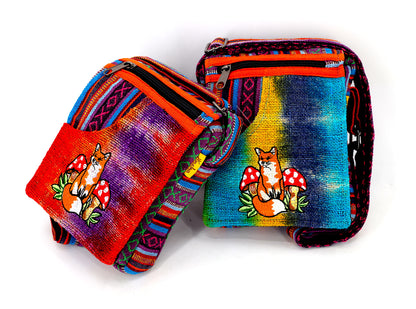 Fox Mushroom Hemp Passport Bag | Hand Embroidered Messenger Bag