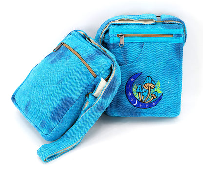 Moon Mushroom Hemp Passport Bag | Hand Embroidered Messenger Bag