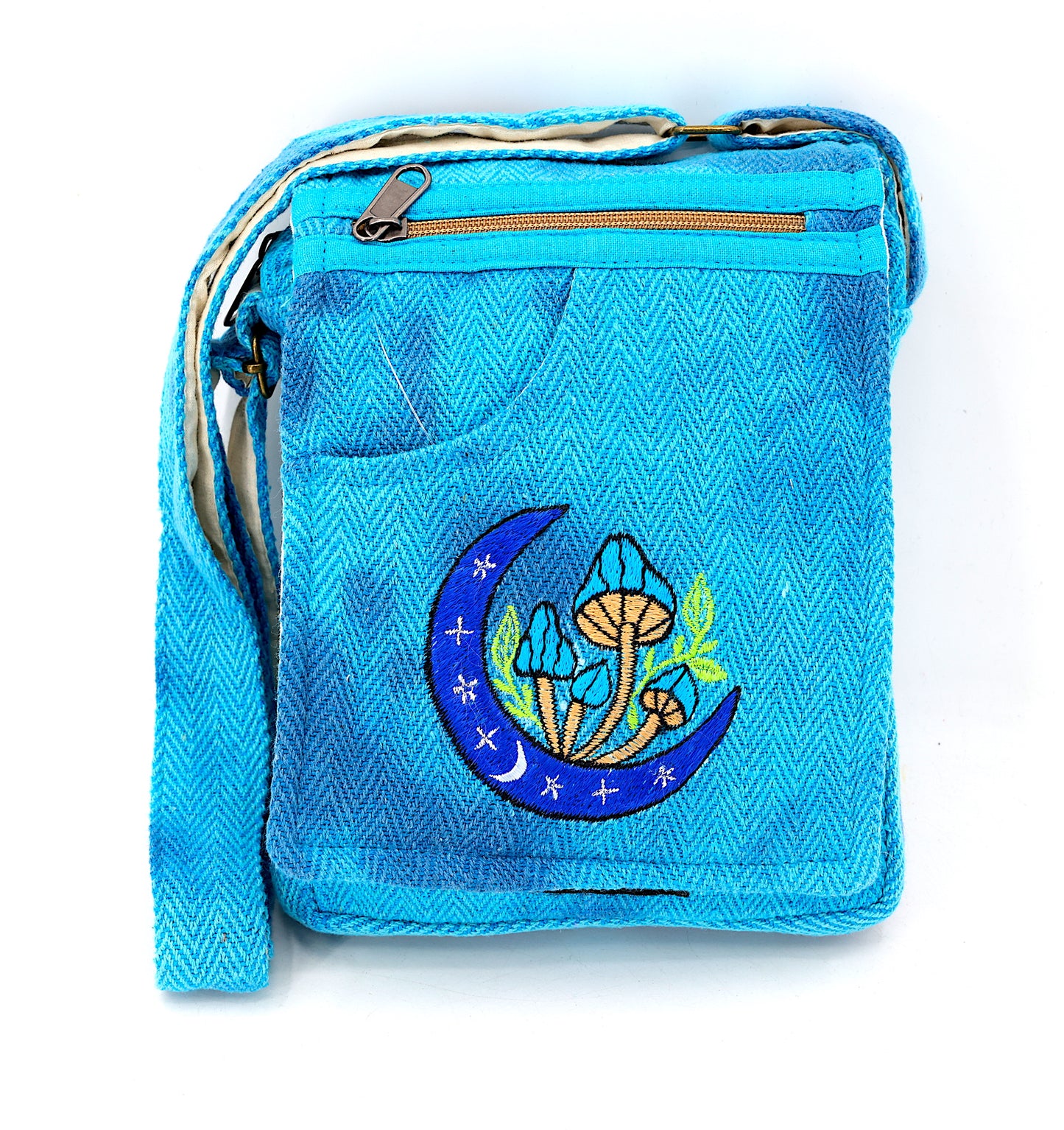 Hemp Moon Mushroom Hand Embroidered Passport Bag