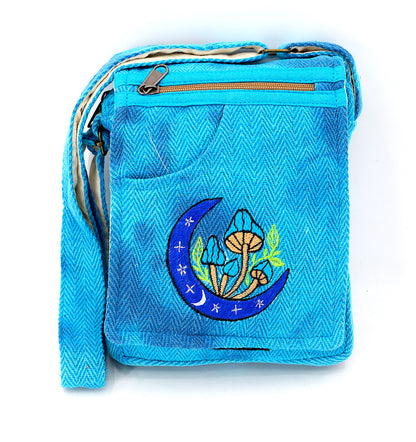 Moon Mushroom Hemp Passport Bag | Hand Embroidered Messenger Bag