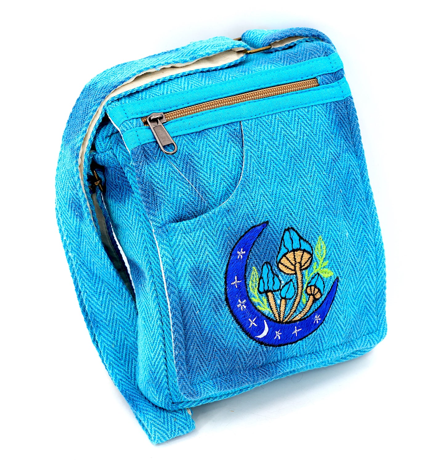 Hemp Moon Mushroom Hand Embroidered Passport Bag