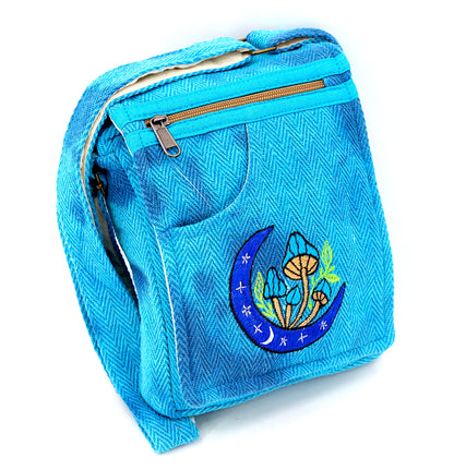 Moon Mushroom Hemp Passport Bag | Hand Embroidered Messenger Bag