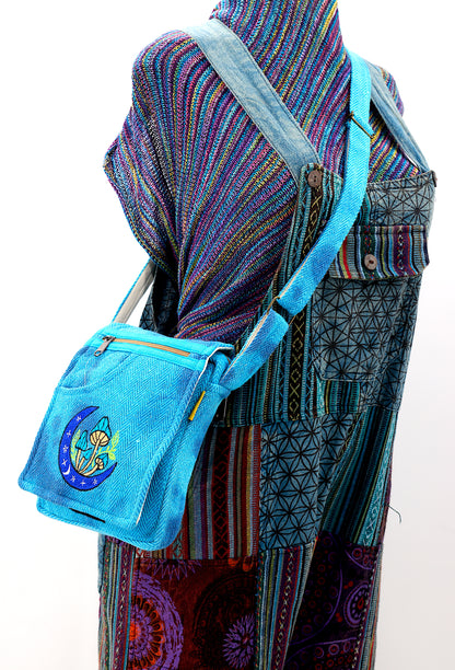 Moon Mushroom Hemp Passport Bag | Hand Embroidered Messenger Bag