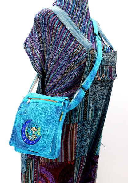 Moon Mushroom Hemp Passport Bag | Hand Embroidered Messenger Bag