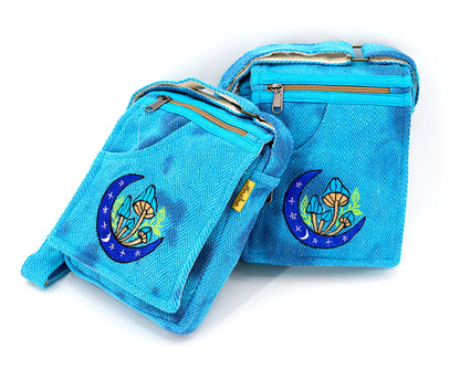Moon Mushroom Hemp Passport Bag | Hand Embroidered Messenger Bag