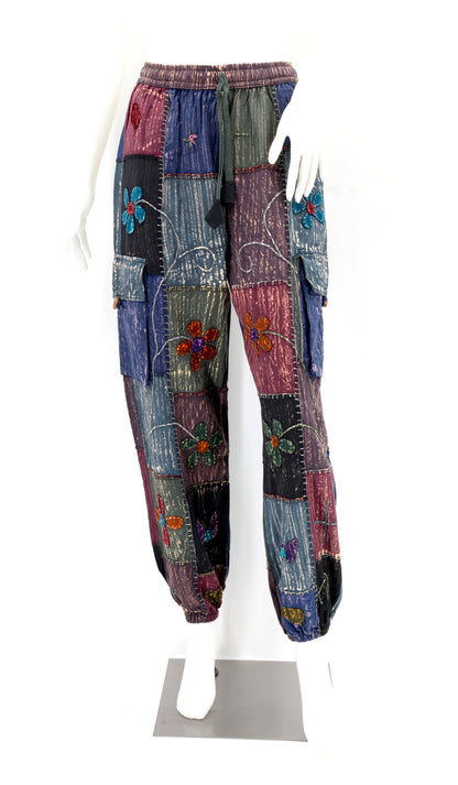 Floral Embroidered Patchwork Cargo Pants