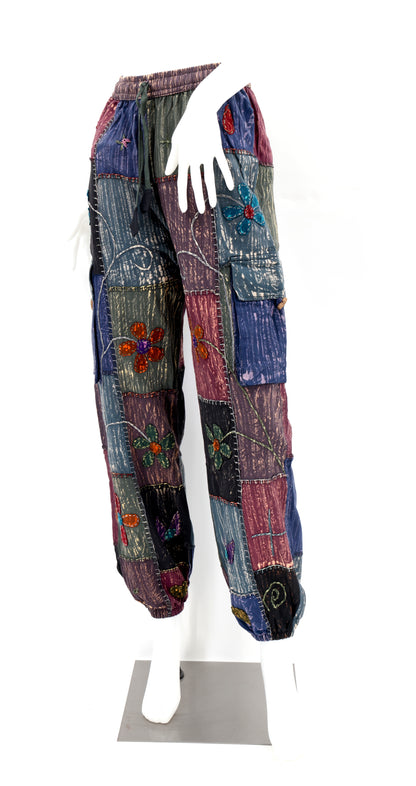 Floral Embroidered Patchwork Cargo Pants