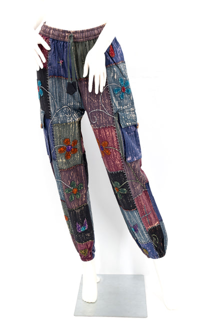 Floral Embroidered Patchwork Cargo Pants