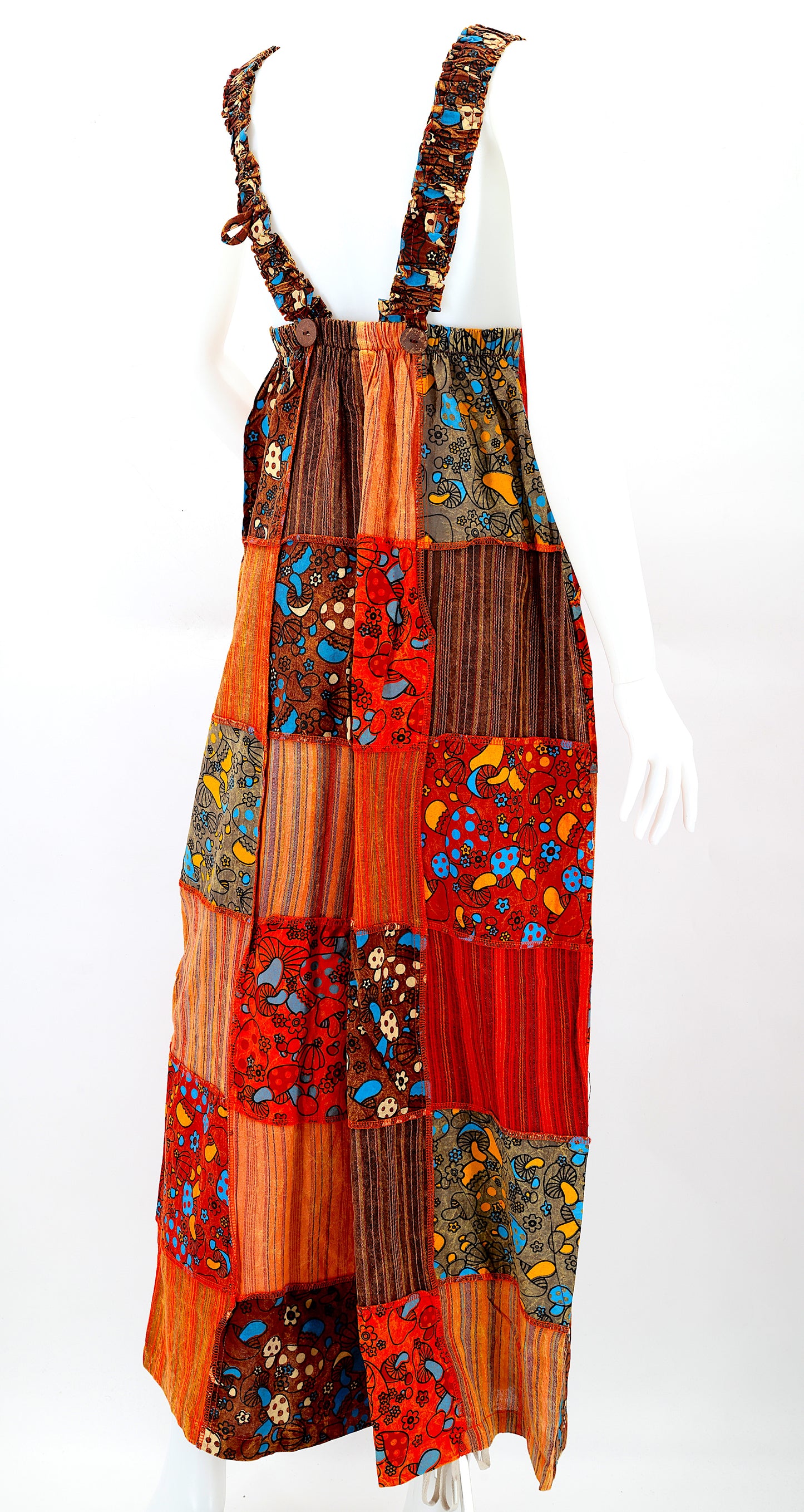 Cotton Hippie Handmade Mushroom Patterned Overlock Patchwork Wide Leg Bohemian Overalls