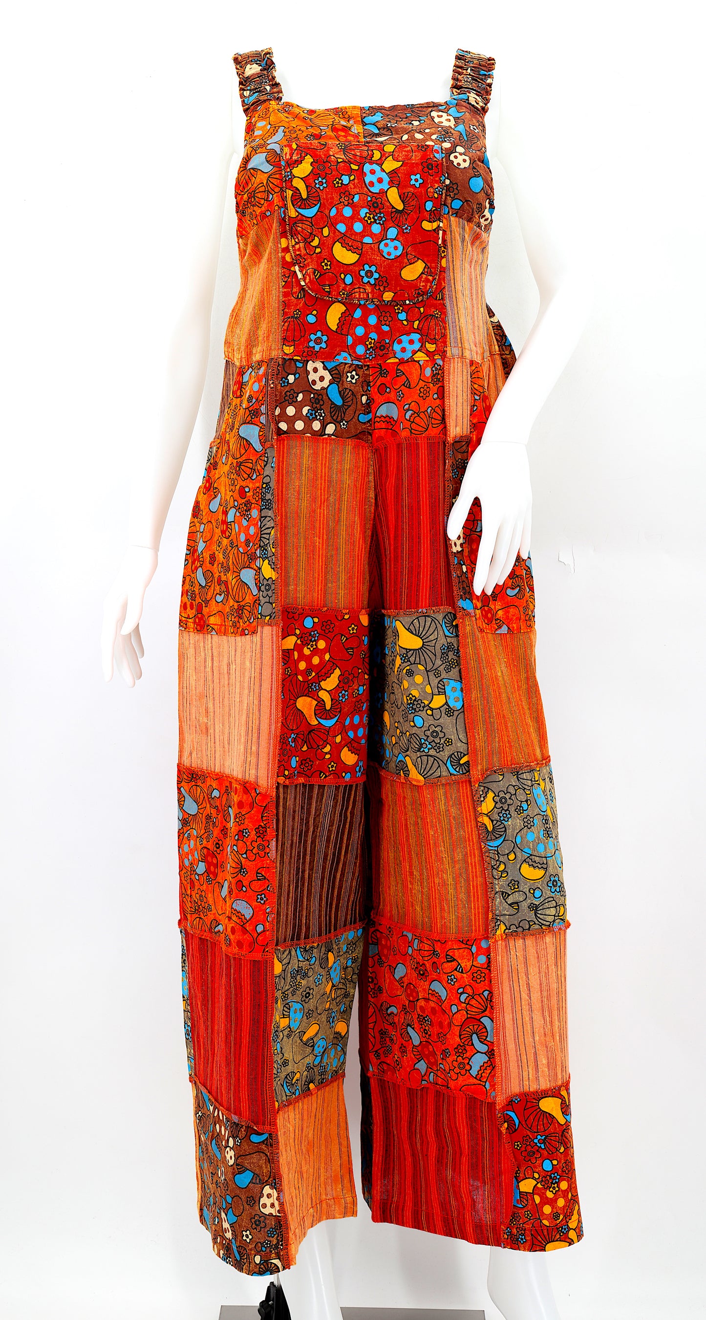 Cotton Hippie Handmade Mushroom Patterned Overlock Patchwork Wide Leg Bohemian Overalls