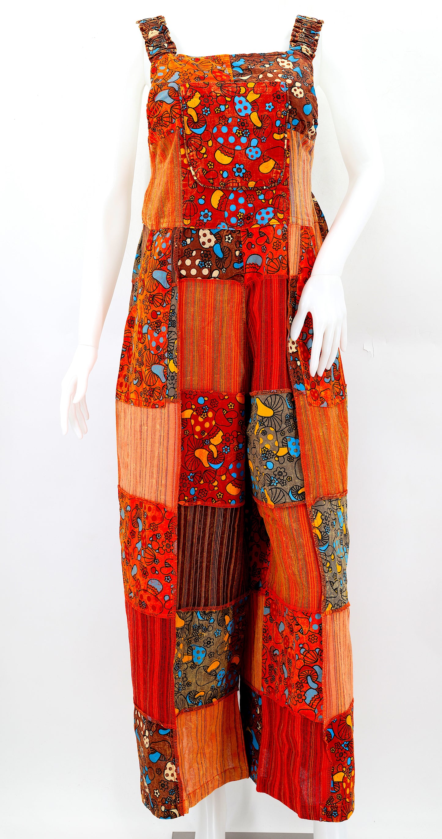 Cotton Hippie Handmade Mushroom Patterned Overlock Patchwork Wide Leg Bohemian Overalls