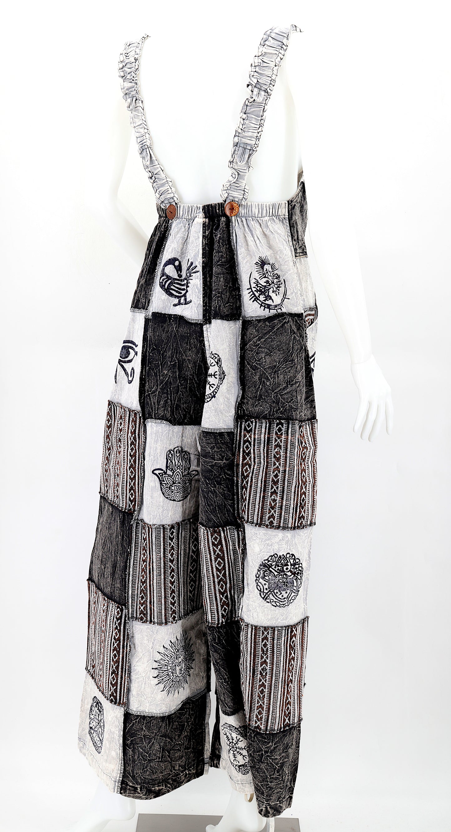 Cotton Hippie Handmade Gheri Patchwork Pagan Symbols Wide Leg Bohemian Overalls