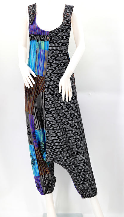 Flower of Life Drop Crotch Overalls | Patchwork Cotton Jumpsuit