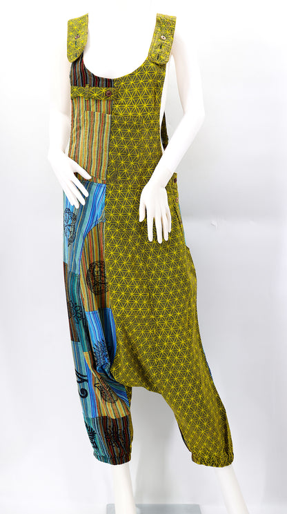 Flower of Life Drop Crotch Overalls | Patchwork Cotton Jumpsuit