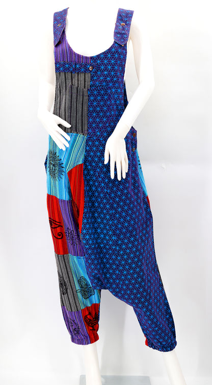 Flower of Life Drop Crotch Overalls | Patchwork Cotton Jumpsuit