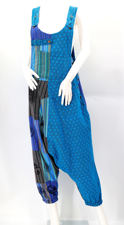 Flower of Life Drop Crotch Overalls | Patchwork Cotton Jumpsuit