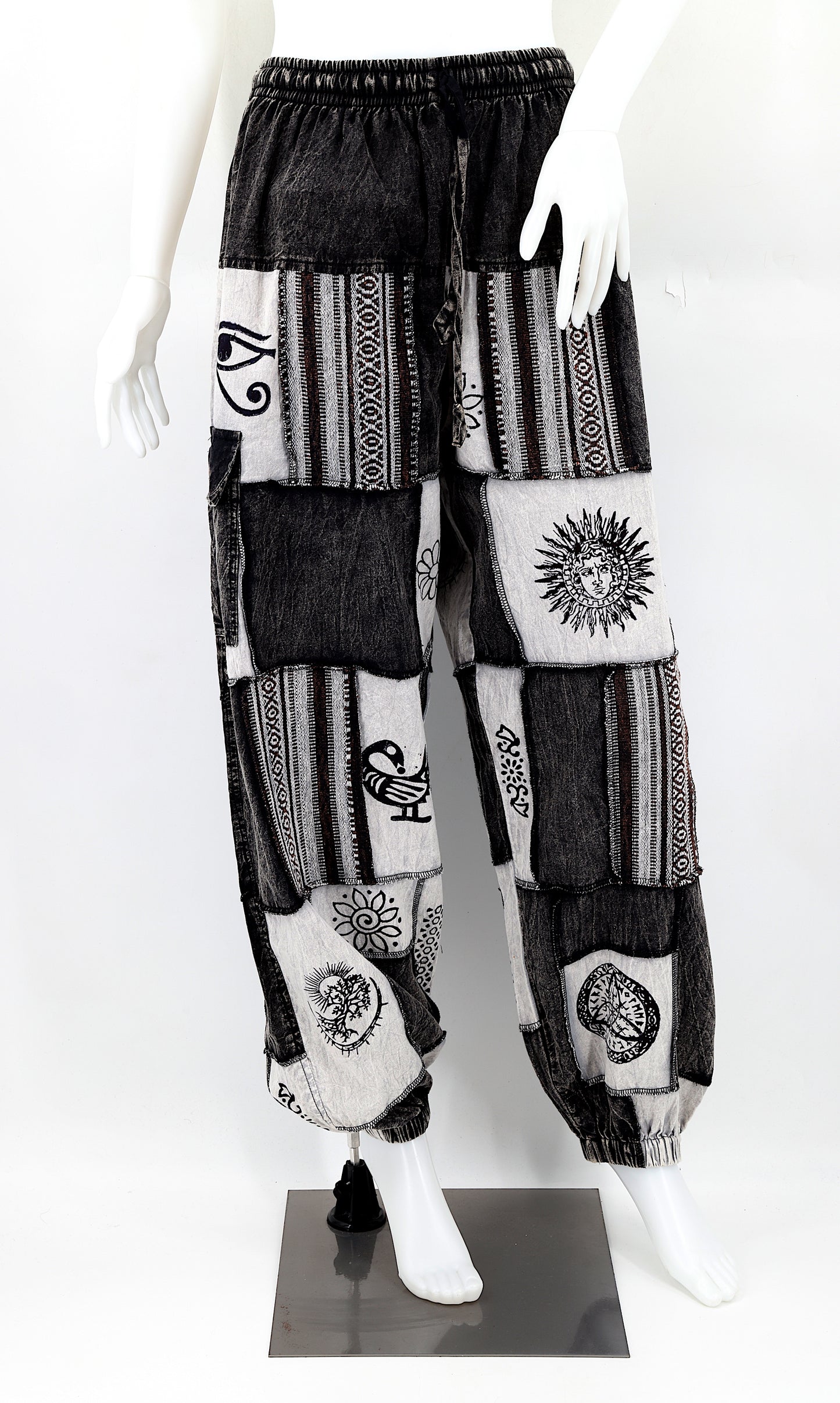 Cotton Hippie Handmade Harem Gheri Mix Black Old Gods Symbols Patchwork Bohemian Trousers