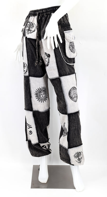 Cotton Multipocketed Old Gods Symbols Patchwork Harem Pants