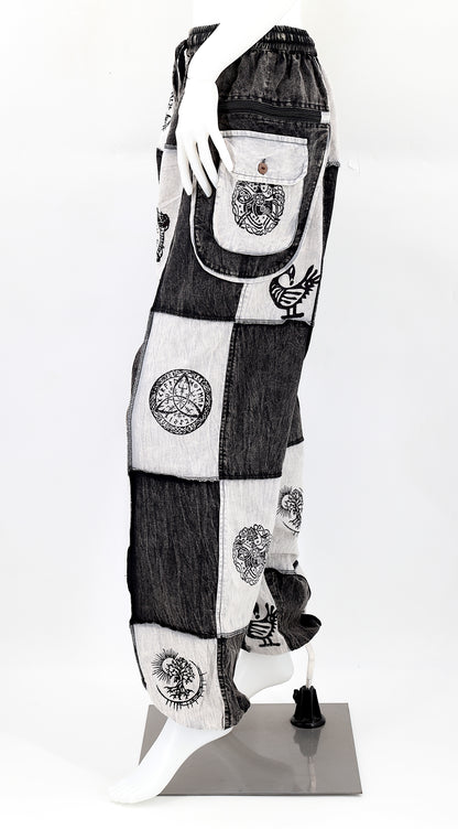 Cotton Multipocketed Old Gods Symbols Patchwork Harem Pants