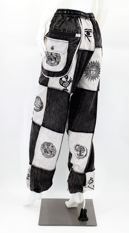 Cotton Multipocketed Old Gods Symbols Patchwork Harem Pants