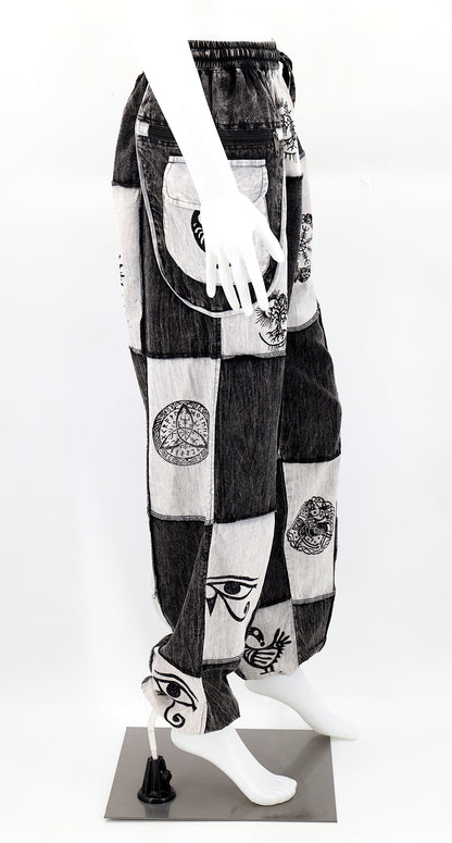 Cotton Multipocketed Old Gods Symbols Patchwork Harem Pants