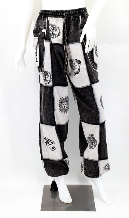 Cotton Multipocketed Old Gods Symbols Patchwork Harem Pants