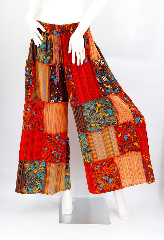 Cotton Hippie Handmade Harem Overlock Mushroom Design Patchwork Wide Leg Bohemian Trousers