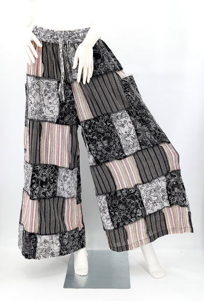 Handmade mushroom design patchwork harem pants with wide-leg silhouette in natural cotton