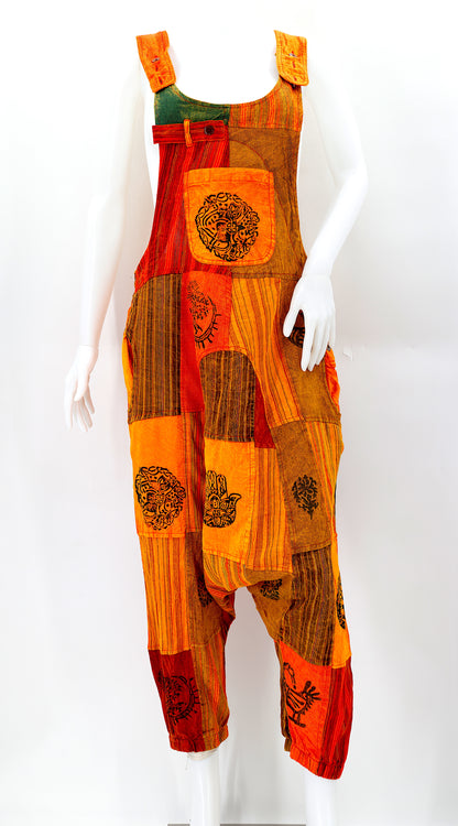 Pagan Symbol Drop Crotch Overalls | Block Print Cotton Jumpsuit