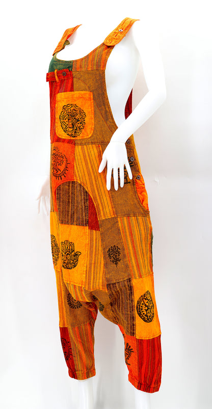 Pagan Symbol Drop Crotch Overalls | Block Print Cotton Jumpsuit