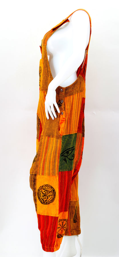 Pagan Symbol Drop Crotch Overalls | Block Print Cotton Jumpsuit