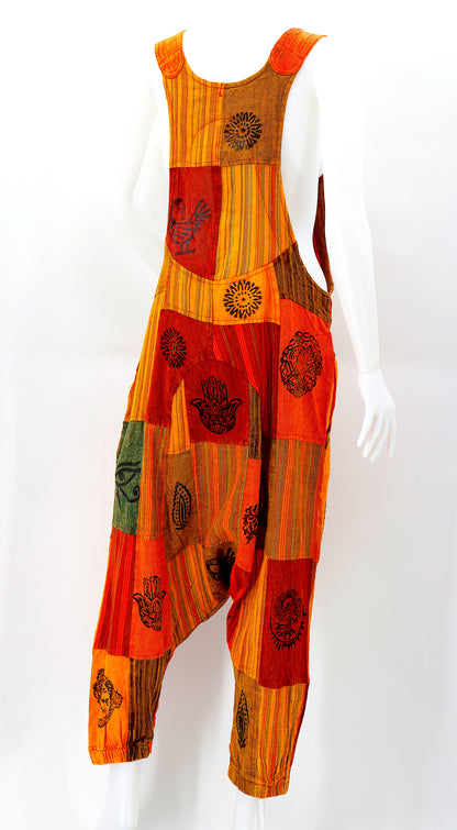 Pagan Symbol Drop Crotch Overalls | Block Print Cotton Jumpsuit