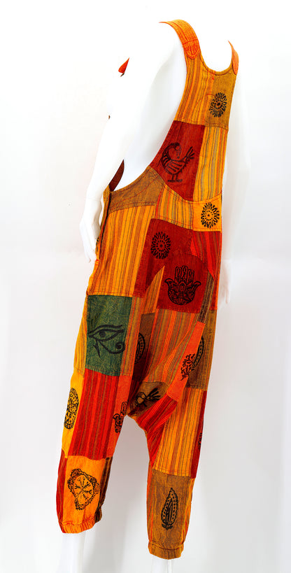 Pagan Symbol Drop Crotch Overalls | Block Print Cotton Jumpsuit
