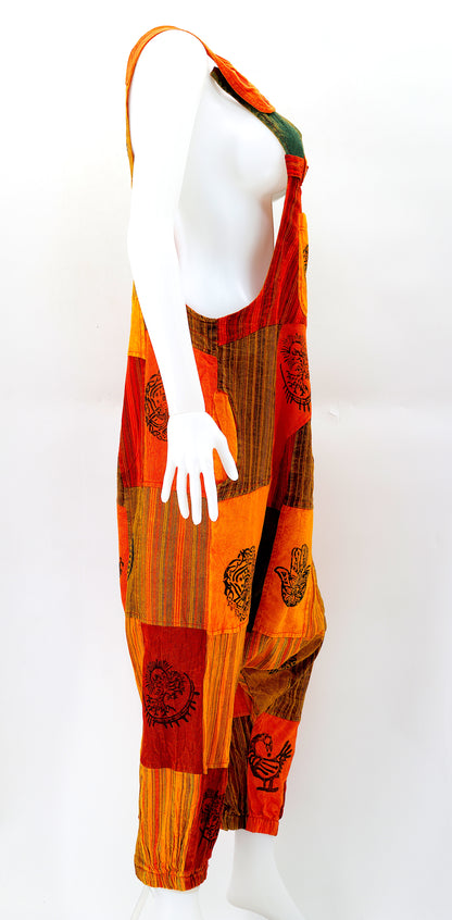 Pagan Symbol Drop Crotch Overalls | Block Print Cotton Jumpsuit