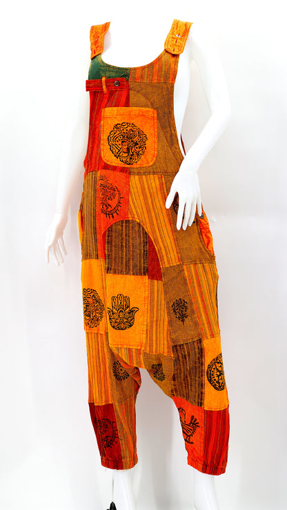 Pagan Symbol Drop Crotch Overalls | Block Print Cotton Jumpsuit