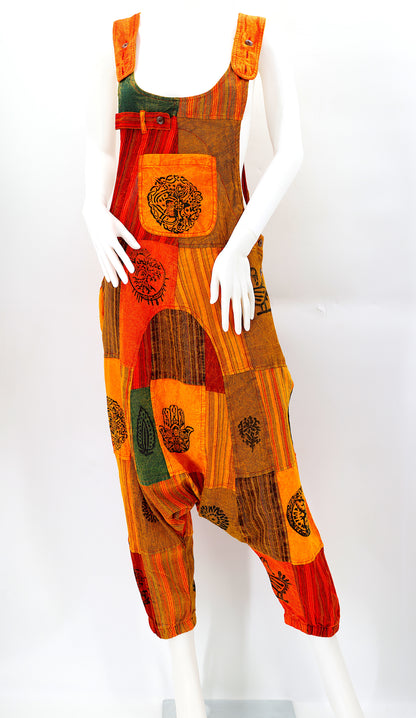 Pagan Symbol Drop Crotch Overalls | Block Print Cotton Jumpsuit