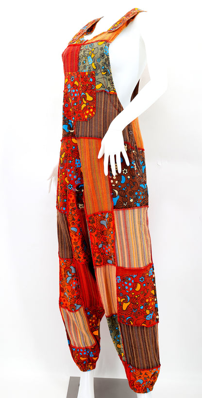 Mushroom Print Drop Crotch Overalls | Patchwork Cotton Jumpsuit
