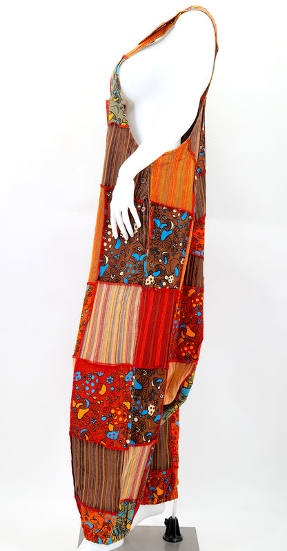 Mushroom Print Drop Crotch Overalls | Patchwork Cotton Jumpsuit