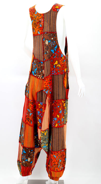 Mushroom Print Drop Crotch Overalls | Patchwork Cotton Jumpsuit