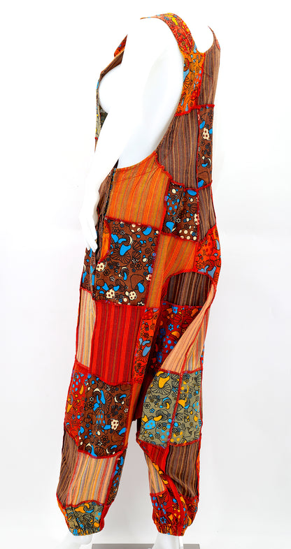 Mushroom Print Drop Crotch Overalls | Patchwork Cotton Jumpsuit