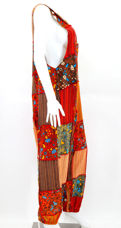 Mushroom Print Drop Crotch Overalls | Patchwork Cotton Jumpsuit