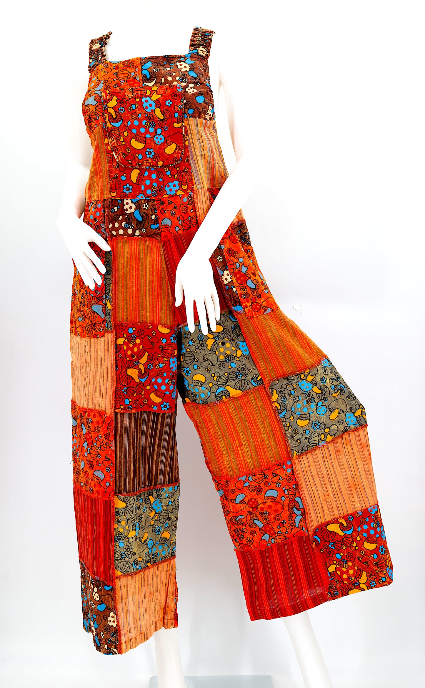 Cotton Hippie Handmade Mushroom Patterned Overlock Patchwork Wide Leg Bohemian Overalls