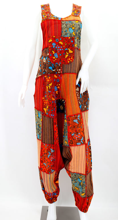 Mushroom Print Drop Crotch Overalls | Patchwork Cotton Jumpsuit