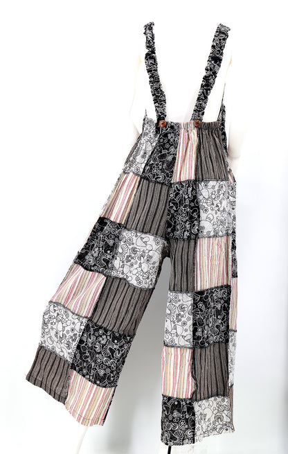 Mushroom Print Patchwork Overalls | Wide Leg Jumpsuit