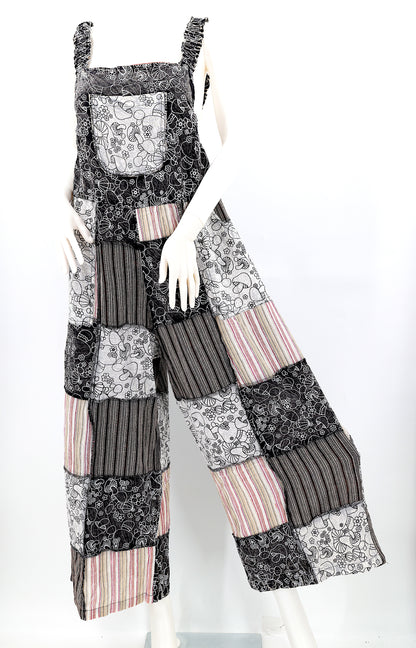 Mushroom Print Patchwork Overalls | Wide Leg Jumpsuit